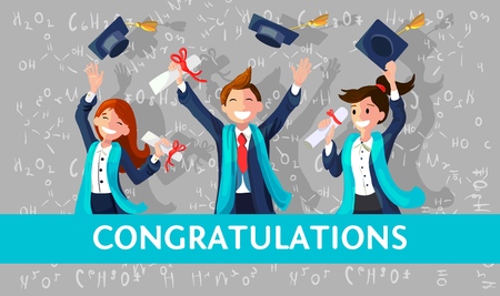 Vector Concept Illustration Cartoon Happy Students. Image Group Smiling Students Accept Congratulations on Successful Graduation with Diploma in Their Hand. Against Background Chalkboard with Formulasのイラスト素材