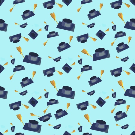 Vector Concept Illustration Cartoon Happy Students. Seamless Image Pattern Set Flying Academic Hat Isolated on Blue Background. Graduation Celebration. Concept Gift Wrapping, Card, Paper bagsのイラスト素材