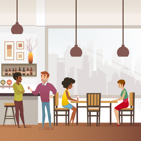Restaurant, Pub or Cafe Interior Flat Vector Illustration with People Characters Standing near Bar Counter, Sitting at Table, Talking and Drinking Alcohol. Local Small Business, Nightlife Conceptのイラスト素材