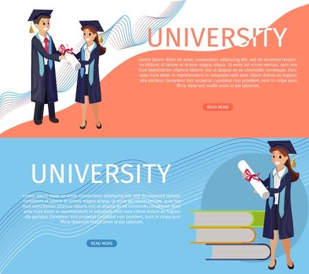 Vector Concept Illustration Cartoon Happy Students. Banner Image Set Web Page Concept University. Smiling Guy Gives Young Girl with Diploma. Textbook, Student Holding Diploma. On Blue, Red Backgroundのイラスト素材