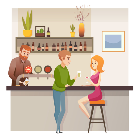 Modern Restaurant, Bar or Cafeteria Visitors Flat Vector Illustration Barman at Counter Pouring Beverage with Beer Tap, Young Man and Woman Spending Time in Pub, Drinking Alcohol Drinks and Flirtingのイラスト素材