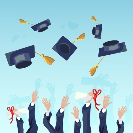Vector Concept Illustration Cartoon Happy Students. Image Group Students Hand Throwing Up Academic Hat against Sky. Celebrating University Graduation. Happy Graduates Prestigious Instituteのイラスト素材
