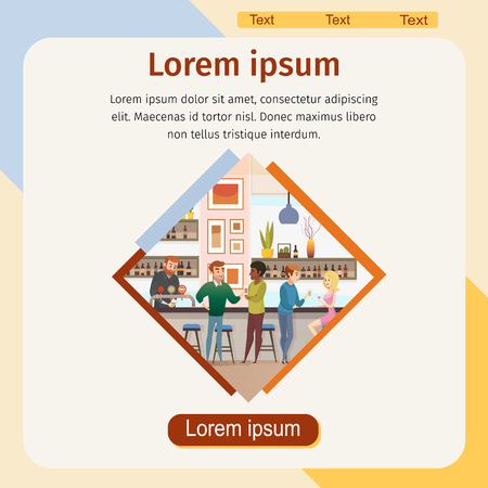 Restaurant, Bar or Pub Flat Vector Square Web Banner with Barmen at Counter Pouring Beer in Glass, People Talking, Ordering and Drinking Alcohol Beverages Illustration. Small Business Landing Pageのイラスト素材