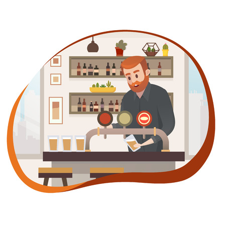 Barmen Standing at Bar Counter, Pouring Beer or Alcohol Drink in Glass Flat Vector Illustration Isolated on White Background. Small Business, Local Pub Owner Character. Occupation and Job Conceptのイラスト素材