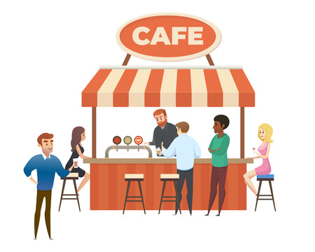 Street Cafe or Bar Full of Satisfied Visitors Ordering Alcohol Drinks Flat Vector Illustration Isolated on White Background. Local Small Restaurant or Cafeteria Business. Outdoor Dinning Conceptのイラスト素材