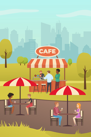 People Lunching and Drinking Beverages in Street Cafe or Fast Food Bar in City Park Vertical Flat Vector. Outdoor Restaurant with Bar Counter under Canopy, Tables with Umbrellas. Small Local Businessのイラスト素材