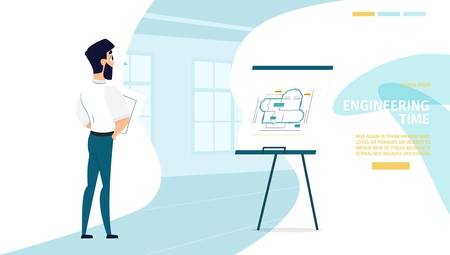 Engineering Time Cartoon Vector Web Banner or Landing Page with Architect or Engineer Working with Construction Drawings, Architectural Plans Illustration. Industrial Design Company Website Templateのイラスト素材