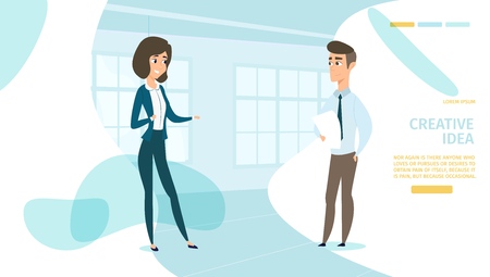 Creative Idea Cartoon Vector Web Banner with Female Office Worker, Company Employee Discussing Proposal, Offering Plan to Colleague or Company Leader Illustration. Business Teamwork and Brainstormingのイラスト素材