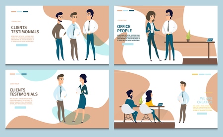 Clients Testimonials, Internet Marketing Specialists, Creative Business Team Flat Vector Horizontal Web Banners or Landing Pages Set with Female and Male Business People Working Together in Officeのイラスト素材