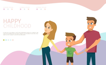 Happy Childhood Flat Vector Horizontal Web Banner with Boy Enjoying Walk with Parents Illustration. Millennial Father and Mother Spending Time with Son. Responsible Parenthood Landing Page Templateのイラスト素材