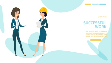 Successful Work Cartoon Vector Landing Page Template with Young Female Architect, Construction Company Manager, Real Estate Agent and Client Illustration. Modern Women Professional Occupation Conceptのイラスト素材