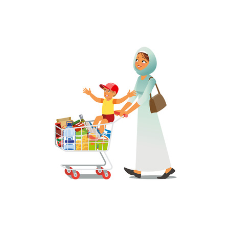 Arab or Muslim Woman in Hijab Walking with Happy Boy Sitting on Supermarket Shopping Cart Full of Food Products Cartoon Vector Characters Isolated on White Background. Mother Buying Groceries with Sonのイラスト素材