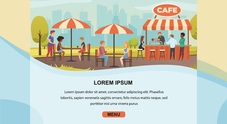 Street Cafe Flat Vector Horizontal Web Banner with Happy People Lunching, Drinking Beverages at Tables in Outdoor Bar or Restaurant. City Public Place with Fast Food Outlet, Holiday Park Landing Pageのイラスト素材