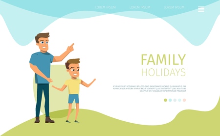 Happy Family Holidays Leisure Flat Vector Web Banner or Landing Page with Smiling Father and Son Spending Time Together, Playing on Meadow Illustration. Family Recreation, Traditional Values Conceptのイラスト素材