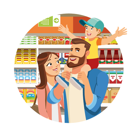 Family Shopping Cartoon Vector Icon with Happy Father, Mother and Little Son Standing Between Food Products Shelves in Grocery or Supermarket Isolated on White Background. Parents Making Purchasesのイラスト素材