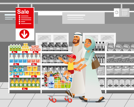Muslim Family Shopping on Supermarket Sale Cartoon Vector Illustration with Parents in Arabian Ethnic Clothes, Riding Child on Shopping Cart with Food near Shelves in Supermarket. Food Savings Conceptのイラスト素材