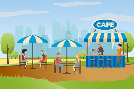 People Resting and Drinking Beverages in Street Cafe or Fast Food Bar in City Park Flat Vector. Summer Outdoor Restaurant with Bar Counter under Canopy and Tables with Umbrellas. Small Local Businessのイラスト素材