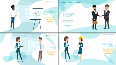 Architectural and Constriction Engineering, Creative Business Idea, Successful Partnership and Work Flat Vector Web Banners or Landing Pages Set with Happy Business People Characters Illustrationsのイラスト素材