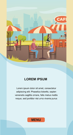 Street Cafe Flat Vector Vertical Web Banner with Happy Clients Lunching, Drinking Beverages at Tables in Outdoor Bar or Restaurant. City Public Place with Fast Food Outlet, Holiday Park Landing Pageのイラスト素材