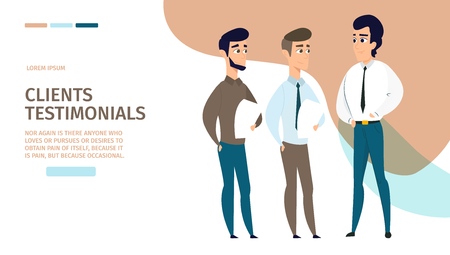 Clients Testimonials Online Service Flat Vector Web Banner, Website Template with Satisfied Customers Leaving Reviews, Feedback About Their Consumer Experience. Internet Marketing Company Landing Pageのイラスト素材