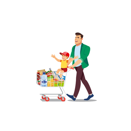 Happy Smiling Man and Boy Cartoon Vector Characters Walking with Supermarket Shopping Cart Full of Food Products Isolated on White Background. Father Making Purchases, Buying Groceries with Little Sonのイラスト素材