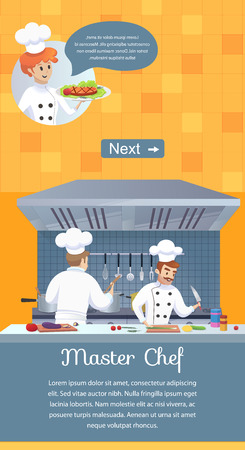 Culinary Concept Illustration Restaurant Business. Banner Vertical Page Vector Illustration Cartoon Two Master Chef Process Preparing Restaurant Dish for Visitors. Cook Holding her Hand Ready Dishのイラスト素材