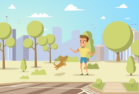 Vector Illustration Cartoon Little Dog and Boy. Concept image Friendship Man with Animal. Little Boy Playing with his Happily Dog in Park on Background of City. Red Dog Jumping Ownerのイラスト素材