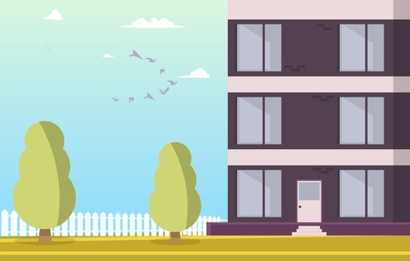 Vector Illustration Courtyard Residential Building. Cartoon image Part a New House Located with Park area Against Sky with Birds at Sunrise. Park with Trees around Residential Building.のイラスト素材