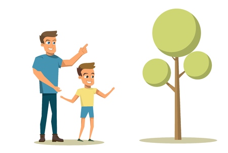 Vector Illustration Cartoon Happy Family Concept. Image Young Smiling Father Holding his Son by Hand. Isolated on White Background. Cheerful Smiling Laughing Father and Son Walking Together near Treeのイラスト素材
