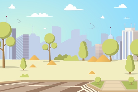 Vector Illustration Cartoon City Park Panoramas. Image Park with Trees on Background Metropolis. Concept placesk for Family Holiday in City. Silhouette Buildings on Background City Parkのイラスト素材