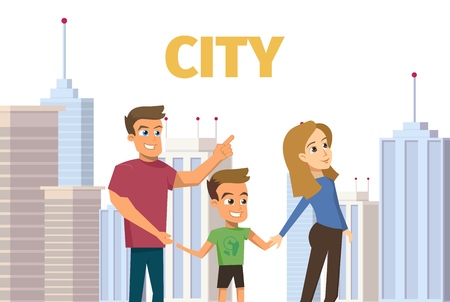 Vector Concept Modern City Construction Building. Vector Illustration Cartoon Family on City Background Isolated on White Background. Father points to new Home. Mom holds Son by Handのイラスト素材