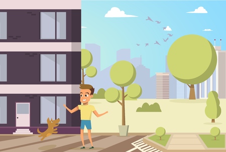 Vector Illustration Cartoon Little Dog and Boy. Concept image Friendship Man with Animal. Little Boy Playing with his Happily Dog in Courtyard Residential Building. Red Dog Jumping Ownerのイラスト素材