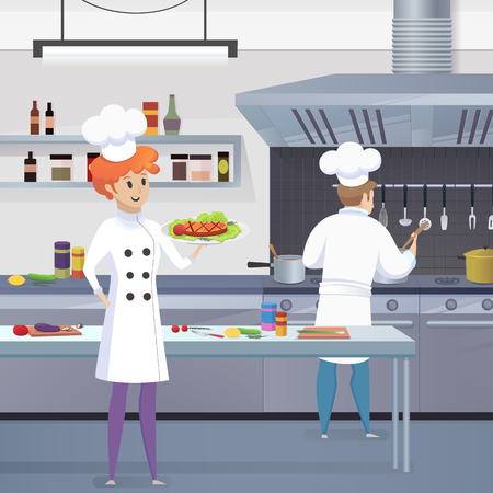 Culinary Concept Illustration Restaurant Business. Vector Illustration Cartoon Cook Holding Ready Dish in his Hand against Background Kitchen Workplace. Chef Working Preparation Restaurant Menu Dishesのイラスト素材