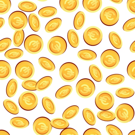 Vector image Pattern Many Gold Coins Euro Sign. Set Vector Illustration Cartoon Seamless Set Gold Coins with Euro Sign Isolated White Background. Concept Financial growth Company, City.のイラスト素材