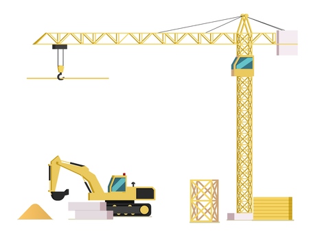 Vector Concept Modern City Construction Building. Vector Illustration Cartoon Building Crane raises Iron Beam. Excavator Process Digging holes for laying Foundation building. Isolated White Backgroundのイラスト素材