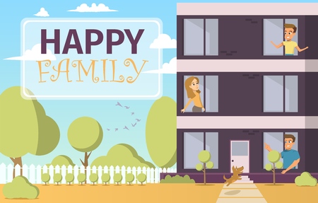Vector Illustration Cartoon Happy Family Concept. Image Young Happy Family in House. Man, Woman, Boy Look out Window. Red Dog Jumping Owner. Part a new House Located with Park areaのイラスト素材