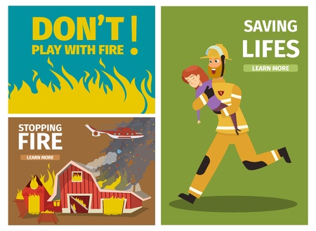 Vector Illustration Cartoon Fire Extinguishing. Set Banner image. Dont Play With Fire, Fire on blue Background. Stopping Fire, Helicopter Extinguishes burning farm. Saving lifes, Fireman saved girlのイラスト素材