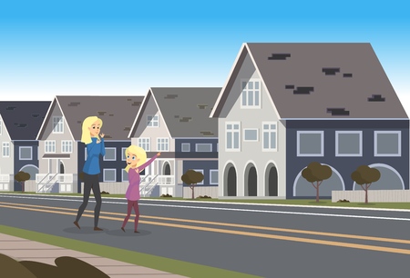 Happy Mother and Daughter Standing near Townhouse. Vector Illustration Cartoon Concept Young Family. A Woman and Girl are Looking at their new Home. Concept Life Outside Metropolisのイラスト素材