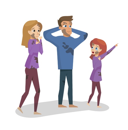Vector Illustration Cartoon Family Grieved by Fire. Image Standing Family after Fire their Home. Father, Mother and Daughter in Dirty Clothes from Fire. Isolated On White Background. Concept Disasterのイラスト素材