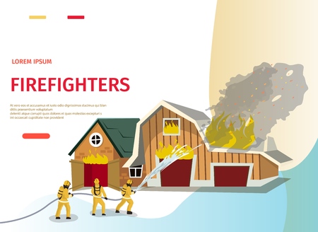 Vector Illustration Cartoon concept Firefighter. Banner image Firefighters. Group firefighters are Extinguishing fire on farm using Hose with Water. Fire rescue Department. Wooden Building on fireのイラスト素材