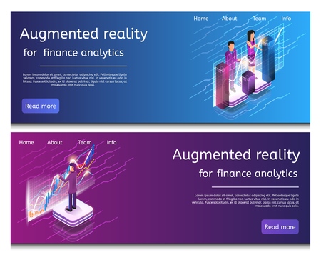 Isometric Man and Woman Engaged in Online Analytic. Banner Set Image Augmented Reality for Finance Analytic. Virtual Online Analytic Brokerage Financial Market. Trading Financial Companiesのイラスト素材
