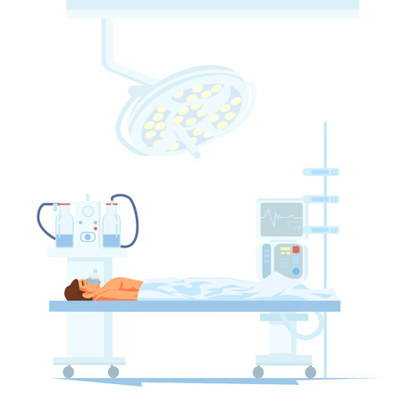 Modern Surgery Equipment Flat Vector Concept with Male Patient under Influence of Anesthesia Lying on Clinic Operating Table Illustration. Machines and Electronic Devices for Hospital Operating Roomのイラスト素材