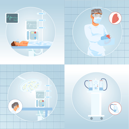 Patient Under Influence of Anesthesia Lying on Operation Desk, Surgeon Holding Removed, Suitable for Transplantation Heart, Modern Medical Equipment Cartoon Vectors Set. Organs Donation and Surgeryのイラスト素材