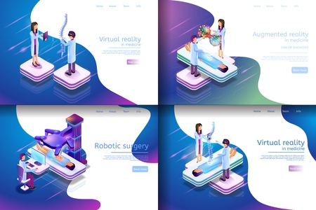 Isometric Illustration Virtual Medical Research. Banner Set Image Virtual Reality in Medicine, Robotic Surgery, Augmented Reality in Medicine. Group Doctor Engaged in Medical Study.のイラスト素材