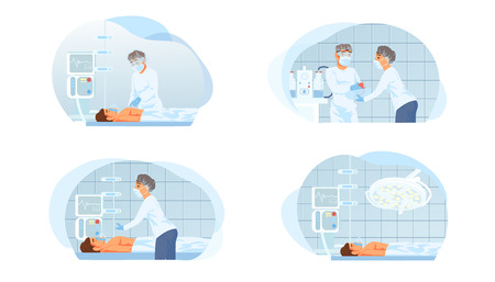 Surgical Operation in Hospital Cartoon Vector Set Isolated on White Background. Nursery Assisting Surgeon Who Performing Heart Transplantation, Patient Under Influence of Anesthesia Illustrationのイラスト素材