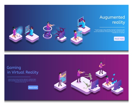 Isometric Online Communicating Virtual Gaming Banner Set Image