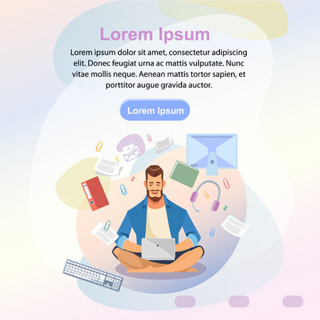 Distance Work in Virtual Office Cartoon Vector Web Banner, Internet Site Square Template with Freelancer, Entrepreneur or Student Using Laptop Illustration. Online Education Service Landing Pageのイラスト素材