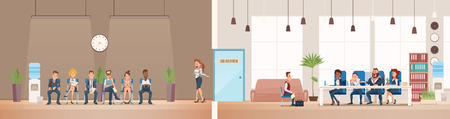 Job Interview and Recruiting. Human Resources Interview Recruitment Job Concept. People sitting in Office. Recruitment Banner Set with Candidates for Work. Vector Illustration Flat style.のイラスト素材