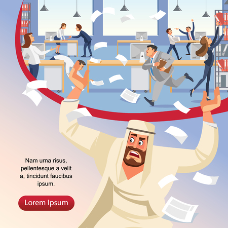 Angry boss screams in chaos at his subordinates. Stressed banner vector cartoon characters. Office workers hurry up with job. Fun cartoon characters. Vector illustration of work situation.のイラスト素材