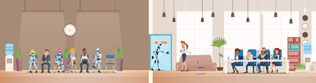 Job Interview Recruiting and Robots. Human Resources Interview Recruitment Job Concept. Modern Technologies in Office. Recruitment Banner Set with Candidates for Work. Vector Illustration Flat style.のイラスト素材